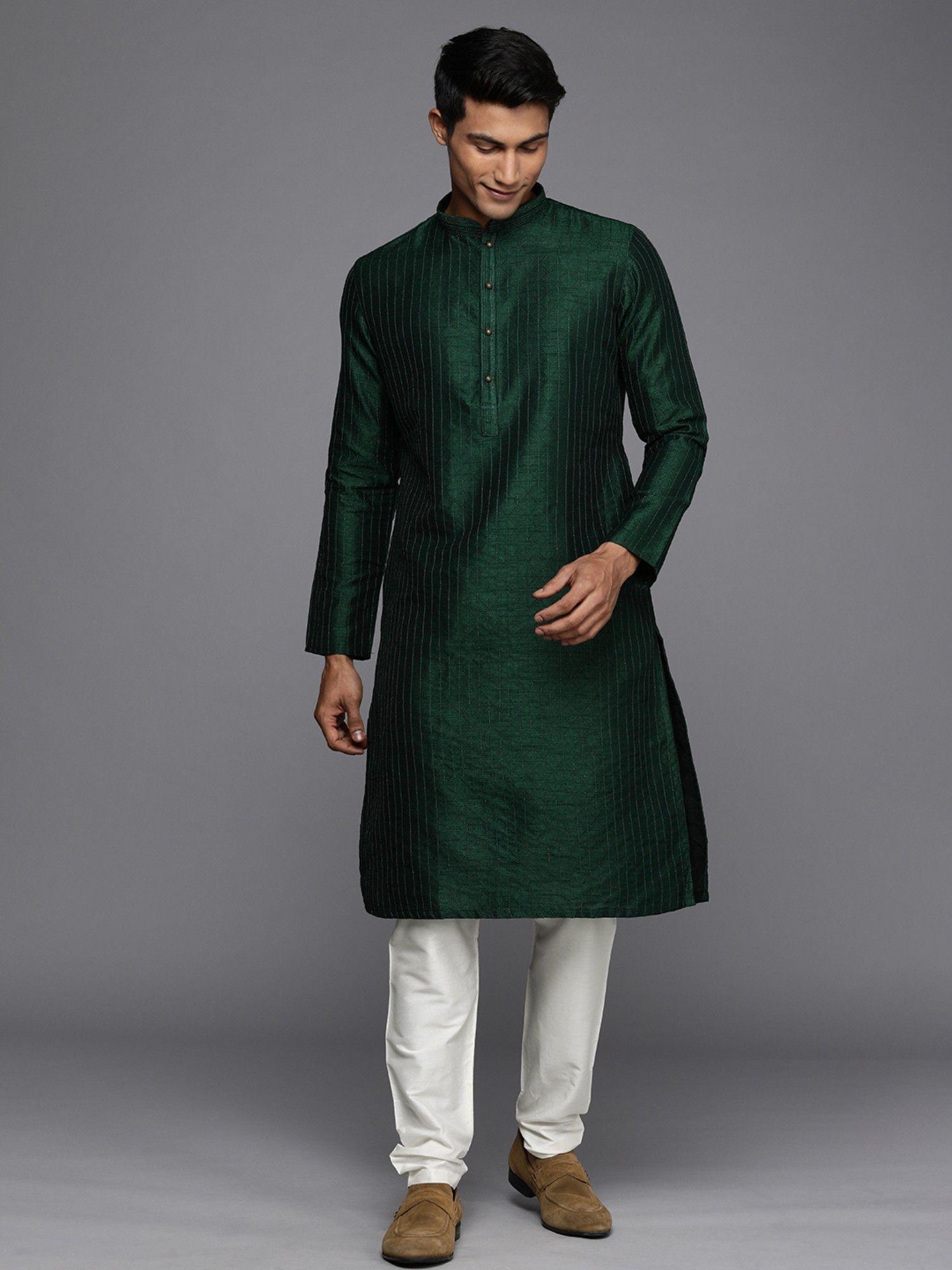 green full sleeves mandarin collar kurta with pencil pajama (set of 2)