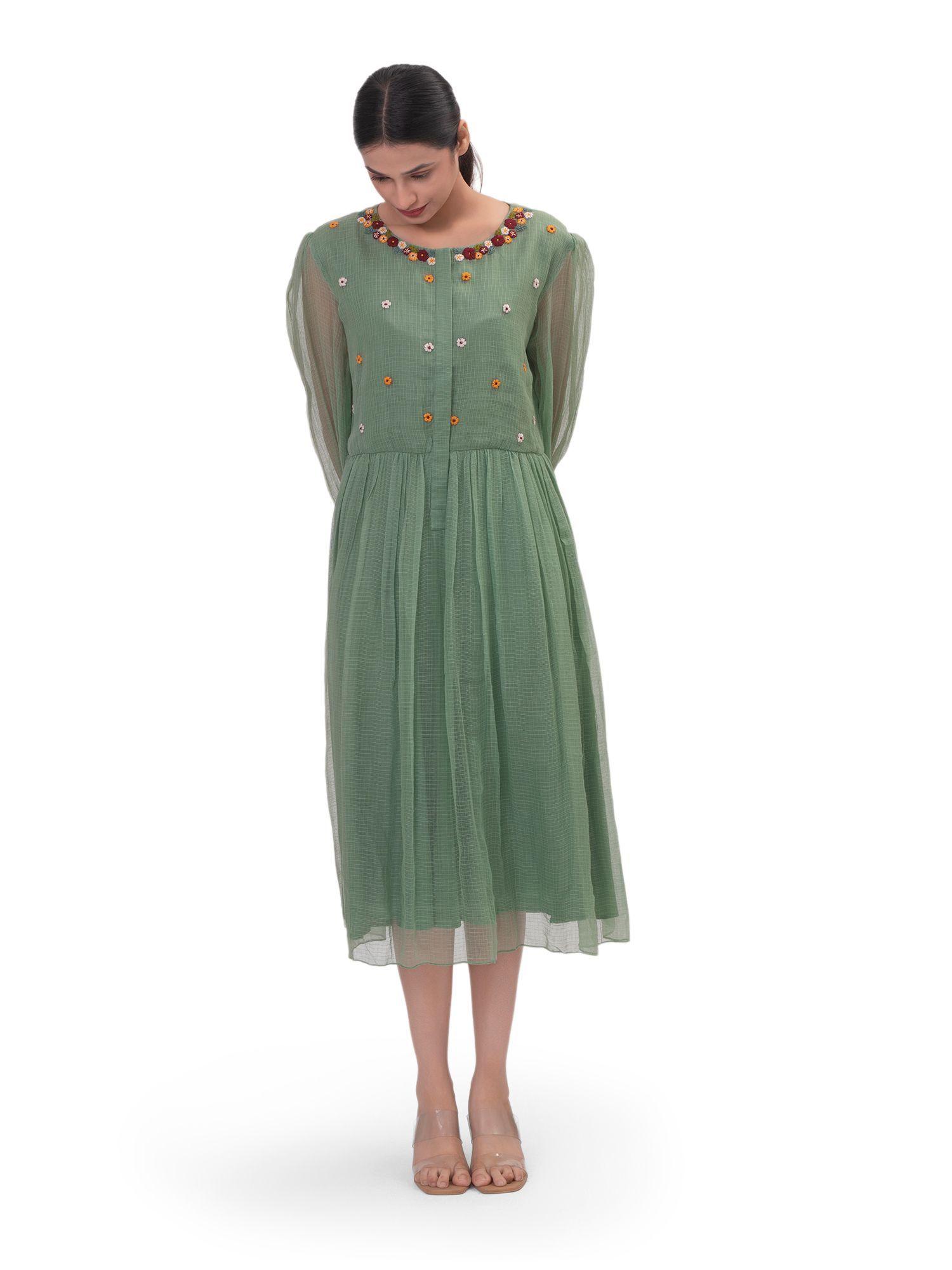 green gathered midi dress