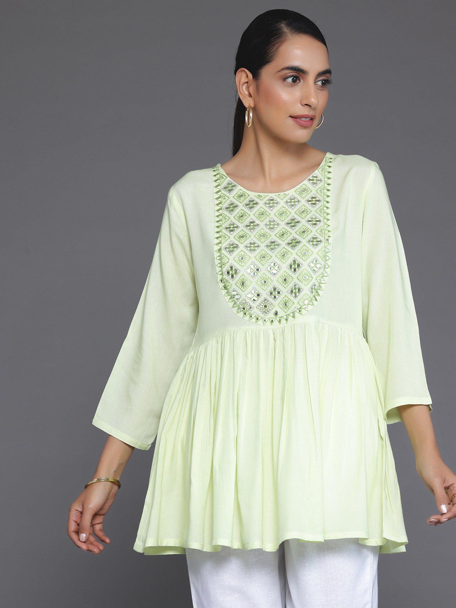 green geometric embroidered flared mirror work kurti