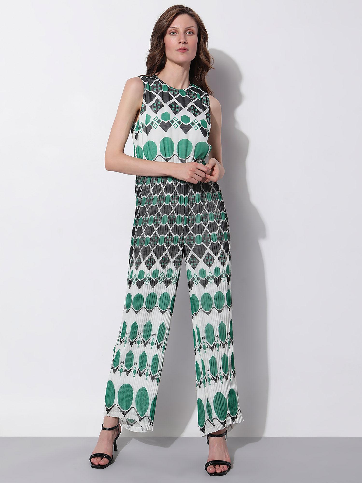green geometric print jumpsuit