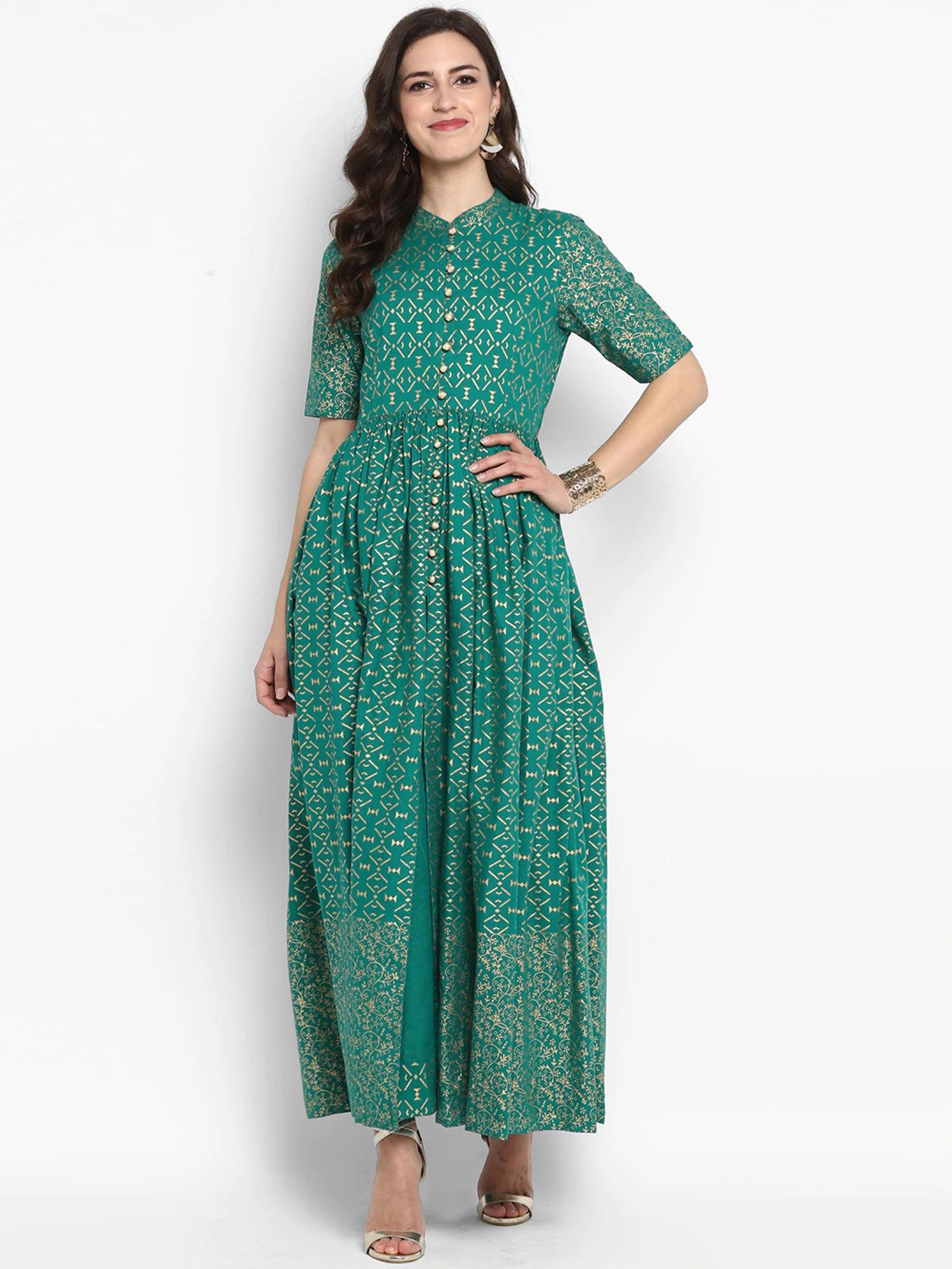 green geometric printed cotton maxi dress