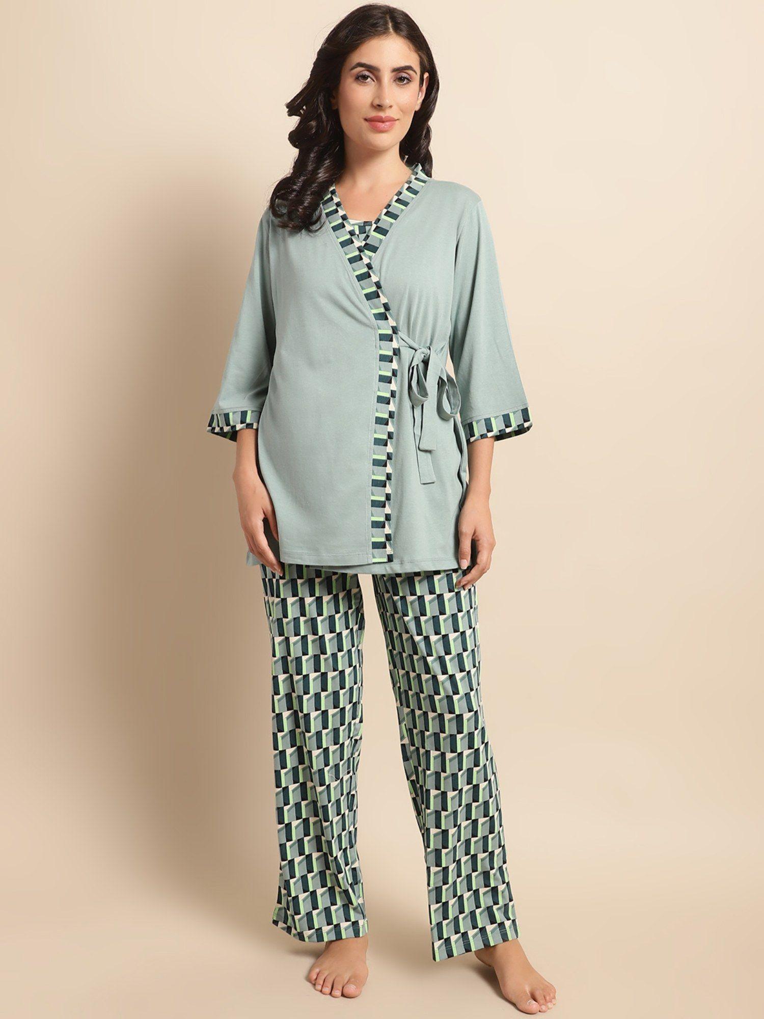 green geometric printed night suit (set of 3)