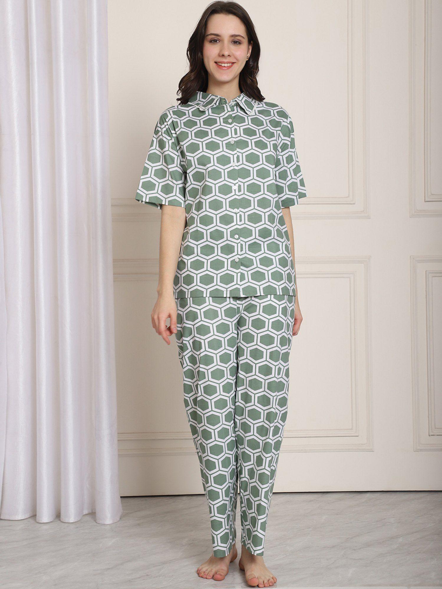 green geometric printed pure cotton night suit (set of 2)