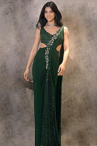 green georgette & lycra floral embroidered gown saree