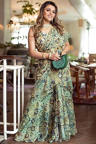 green georgette & net printed ruffled draped saree set