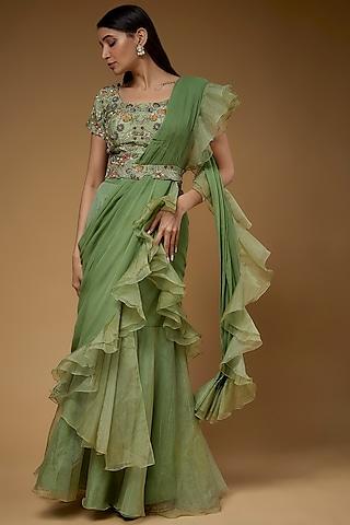 green georgette & organza ruffled saree set