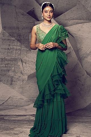 green georgette & organza ruffled sharara saree set