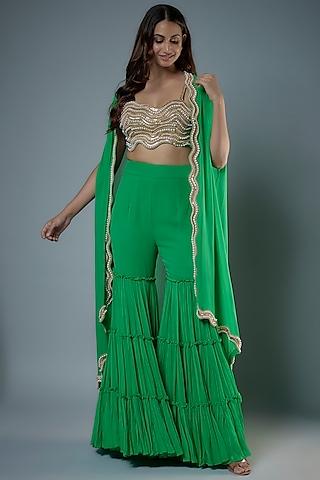 green georgette & raw silk beads embroidered cape set