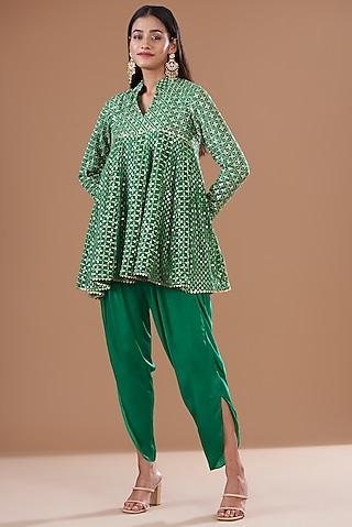 green georgette & satin embroidered kurta set