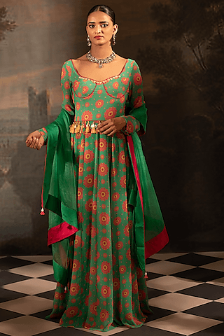 green georgette anarkali set