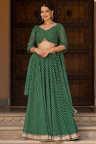 green georgette bandhani printed lehenga set