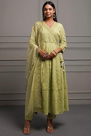 green georgette chikankari embroidered angrakha kurta set