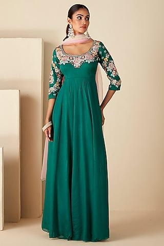 green georgette crepe & net thread work anarkali set