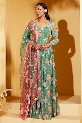 green georgette crepe & soft organza floral anarkali set