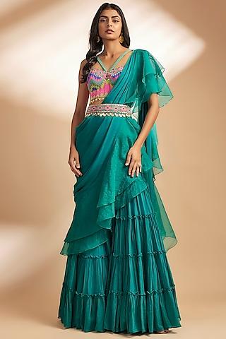 green georgette draped pant saree set