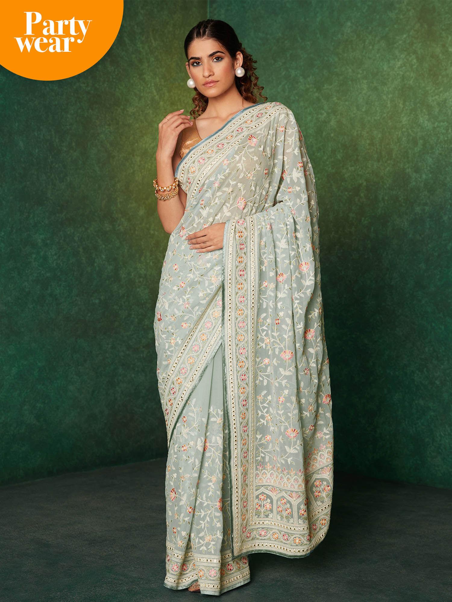 green georgette embroidered & sequined saree with unstitched blouse liksar20 (free size)