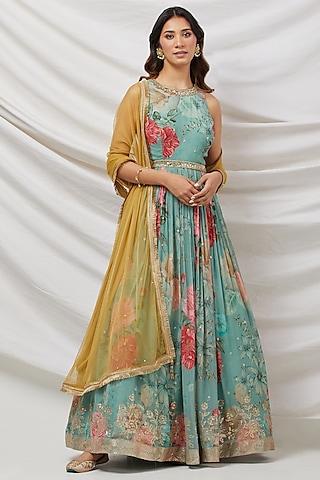 green georgette embroidered anarkali set