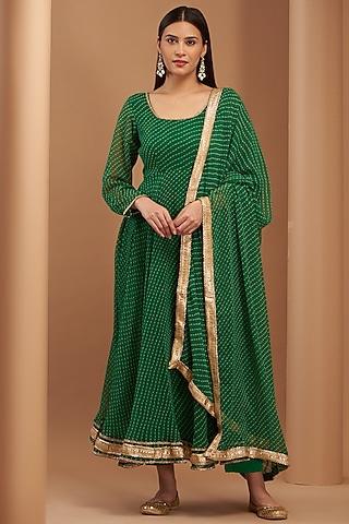 green georgette embroidered anarkali set