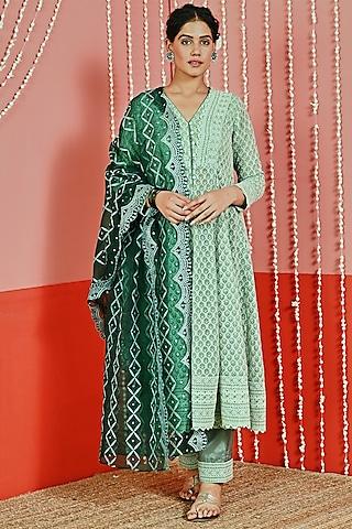 green georgette embroidered anarkali set