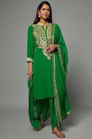 green georgette embroidered kurta set