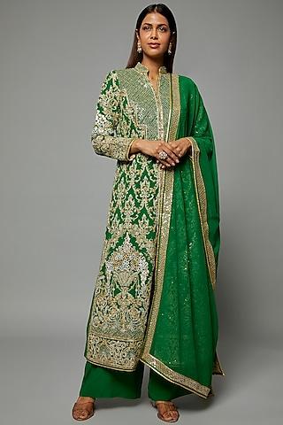 green georgette embroidered kurta set