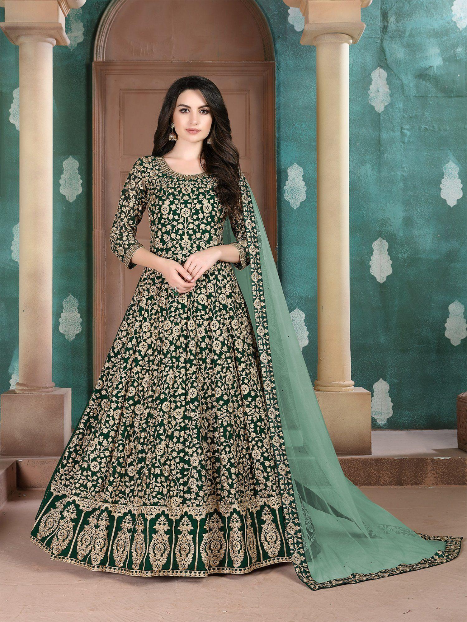 green georgette embroidered semi stitched dress material (set of 3)