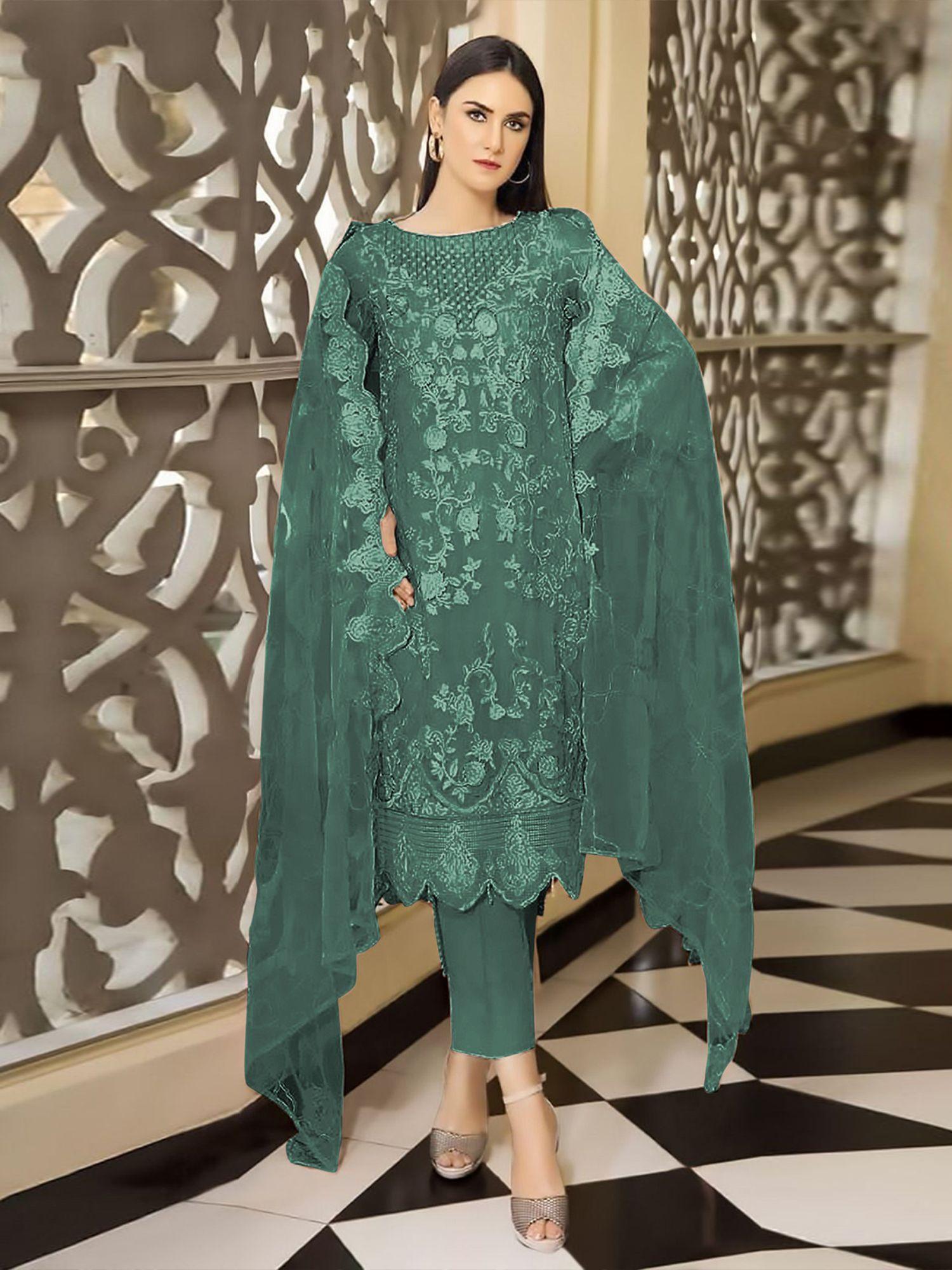 green georgette embroidered semi stitched kurta with bottom & dupatta (set of 3)