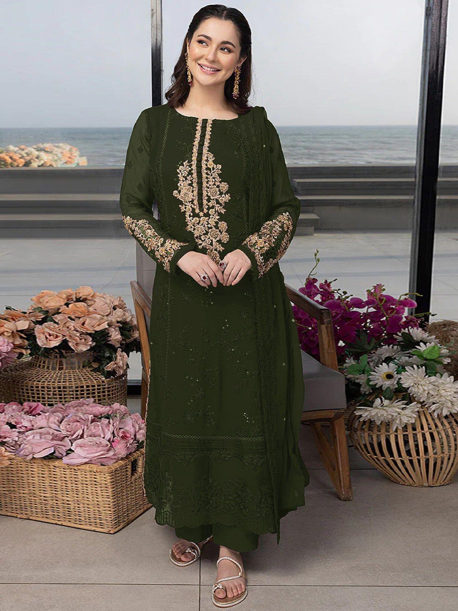 green georgette embroidered semi stitched kurta with bottom & dupatta for women (set of 3)