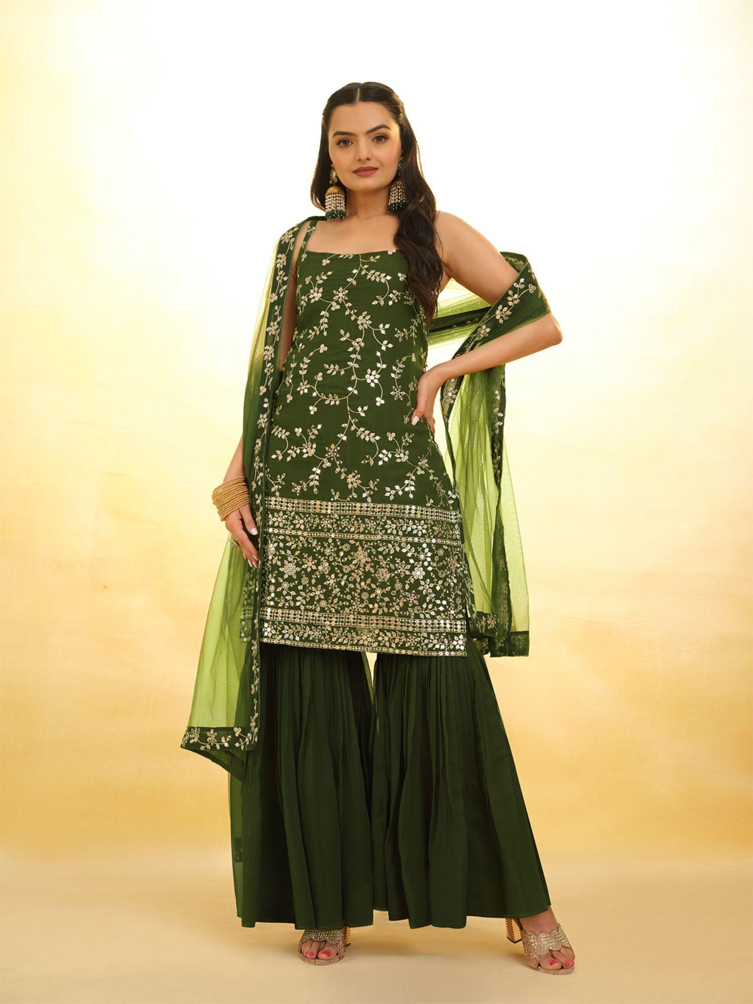 green georgette embroidered stitched kurta with sharara & dupatta (set of 3)