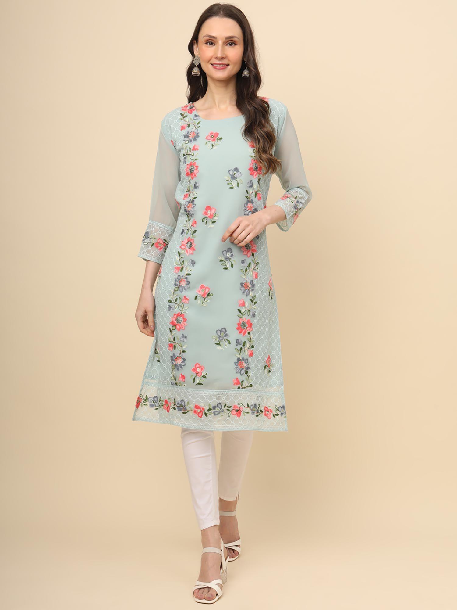 green georgette embroidery work straigh kurta