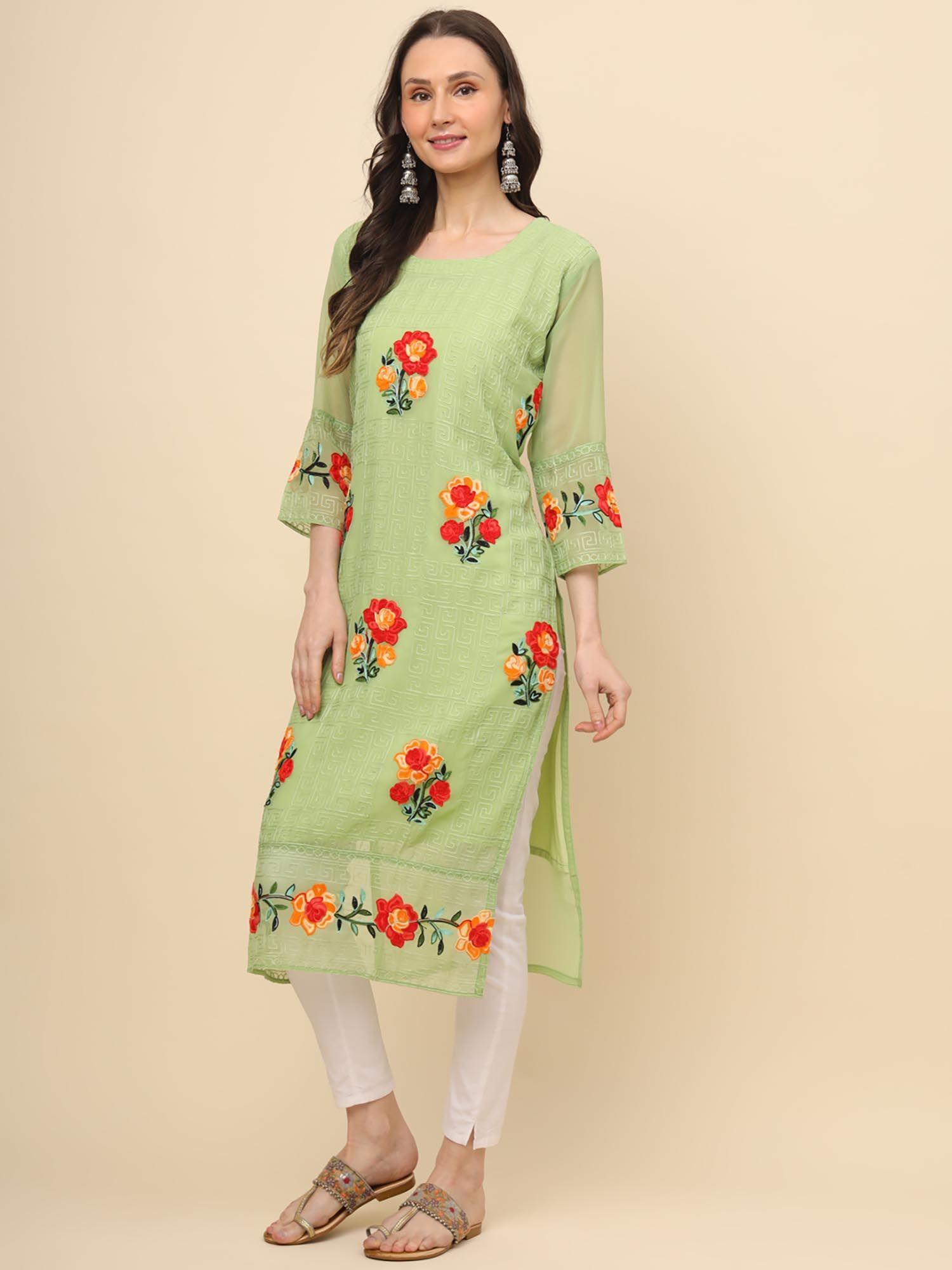 green georgette embroidery work straigh kurta