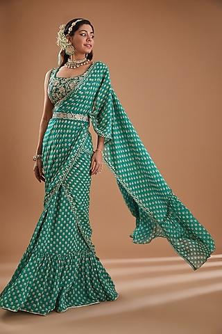 green georgette floral boota printed & embroidered pre-draped saree set