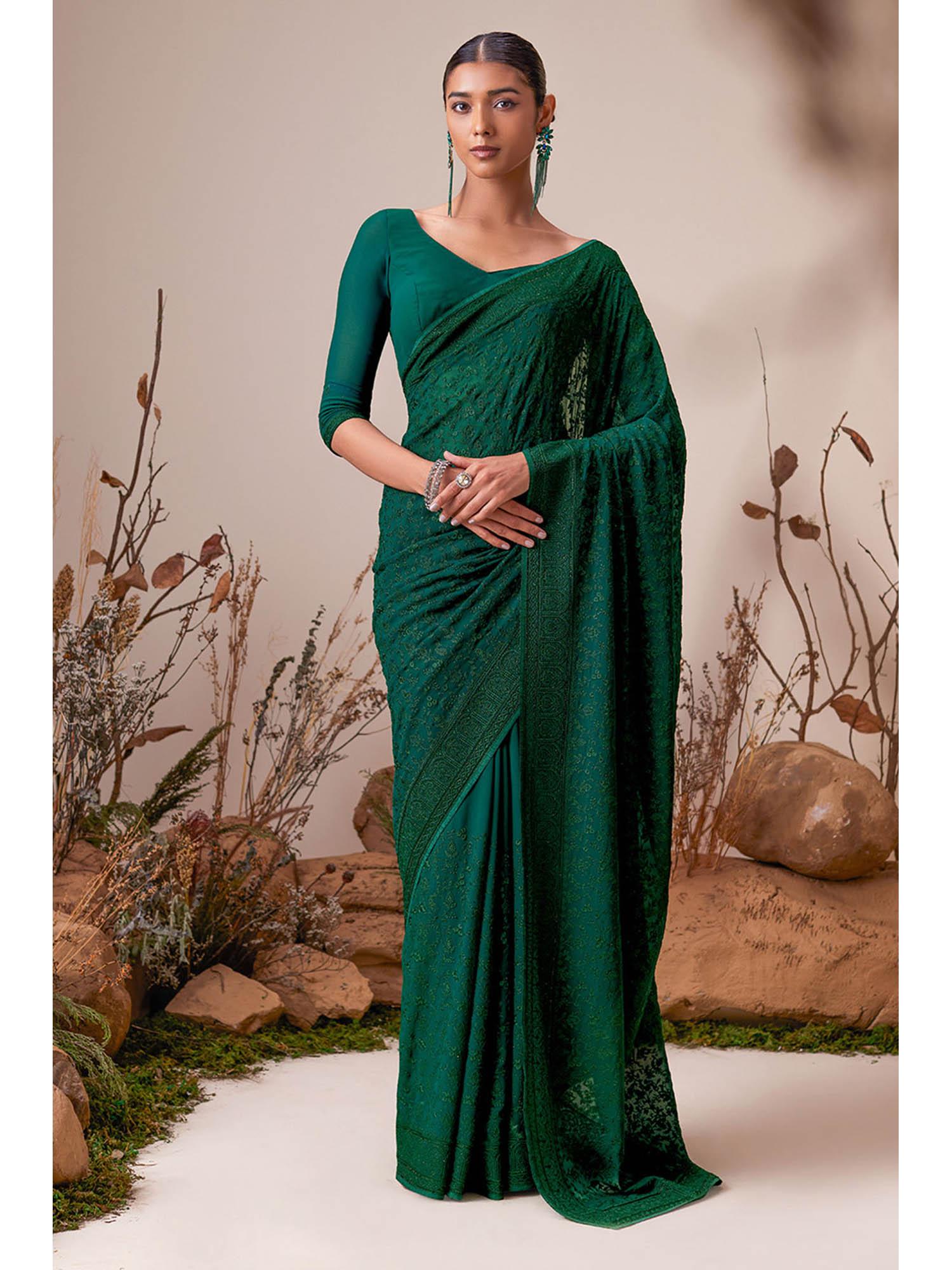 green georgette floral print saree with unstitched blouse