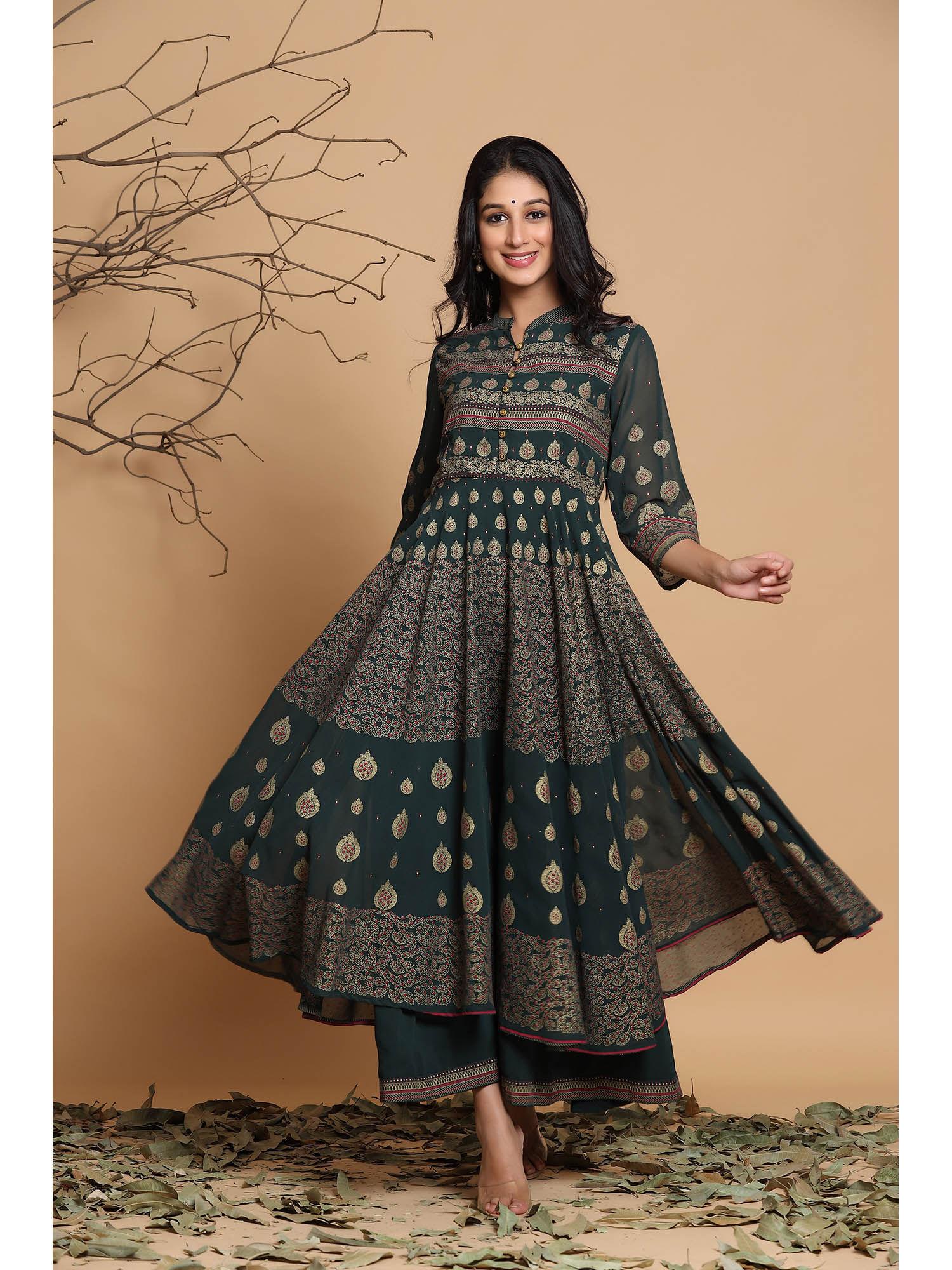 green georgette gold foil print layered ethnic dress