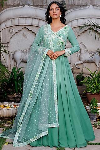 green georgette hand embroidered anarkali set