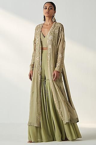 green georgette hand embroidered cape set