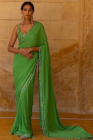 green georgette hand embroidered saree set