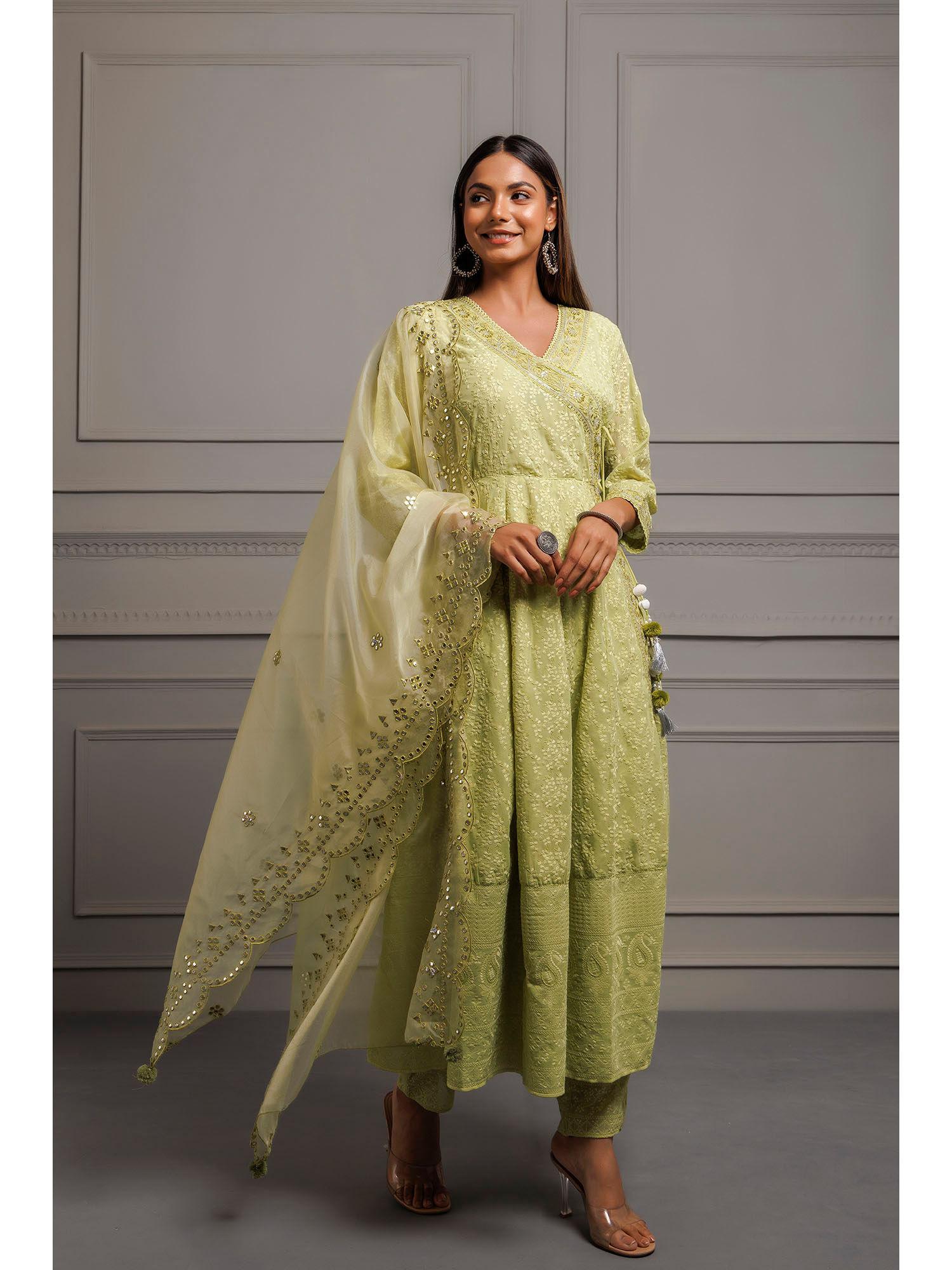 green georgette handcrafted angrakha kurta with pant and dupatta (set of 3)