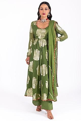 green georgette jacquard kurta set