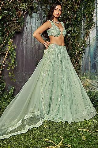 green georgette organza embroidered lehenga set