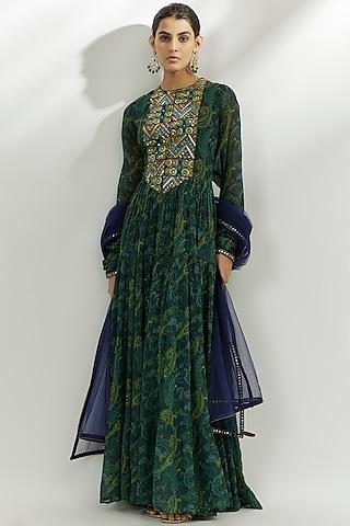 green georgette paisley printed & mirror embroidered anarkali set