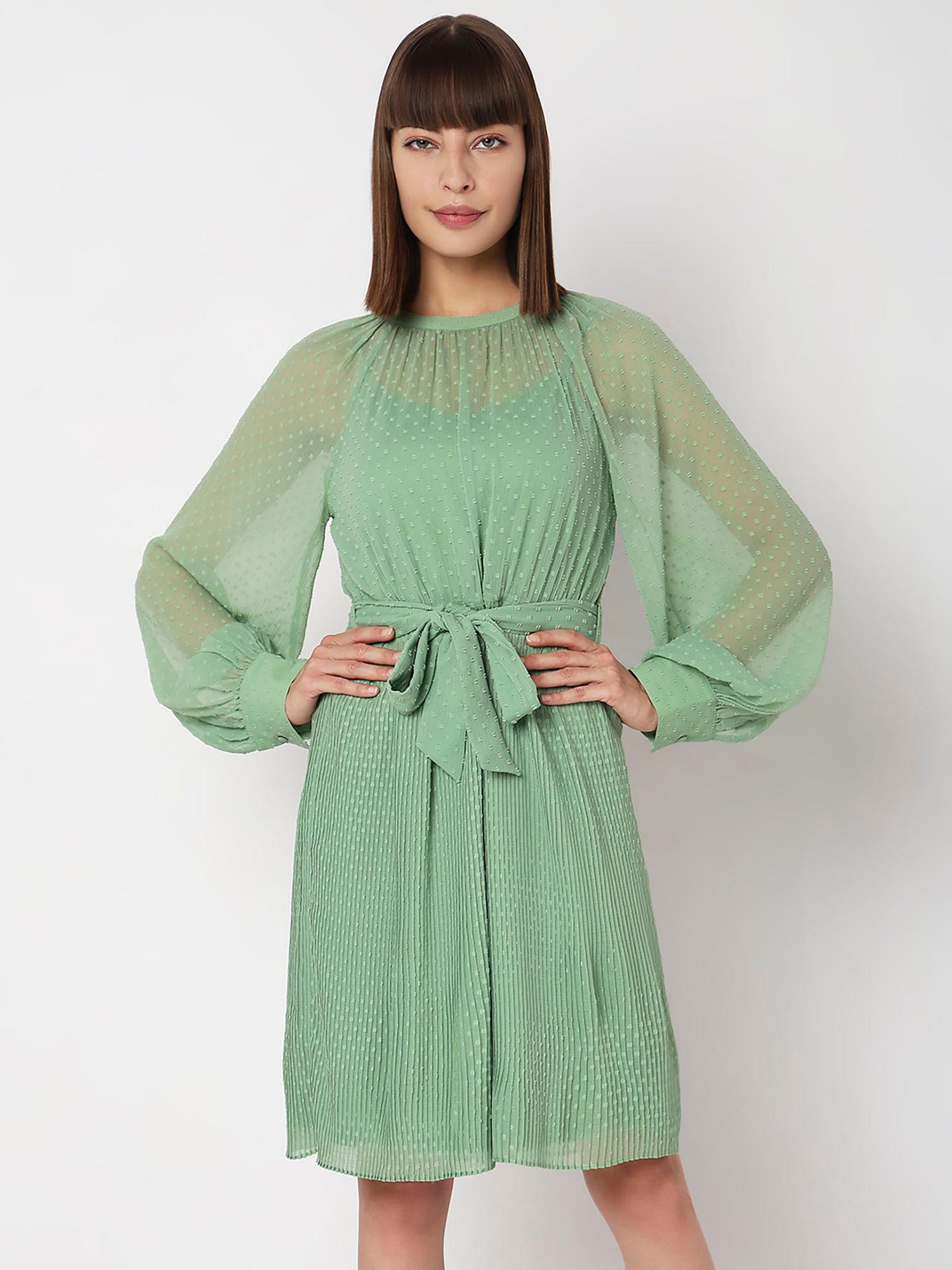 green georgette pleated dress (set of 2)