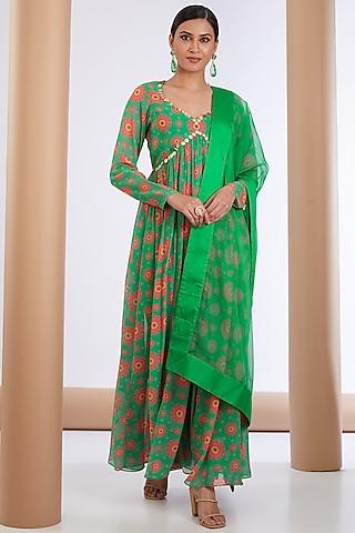 green georgette printed & embellished anarkali set