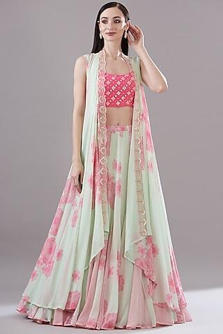 green georgette printed & embroidered lehenga set