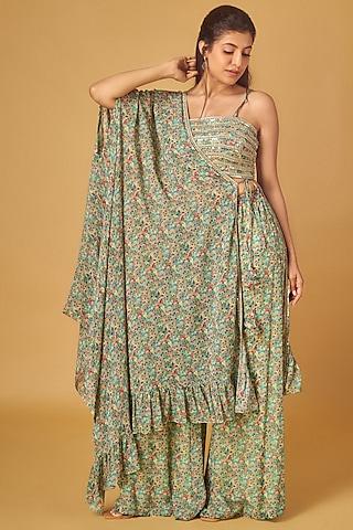 green georgette printed draped cape set