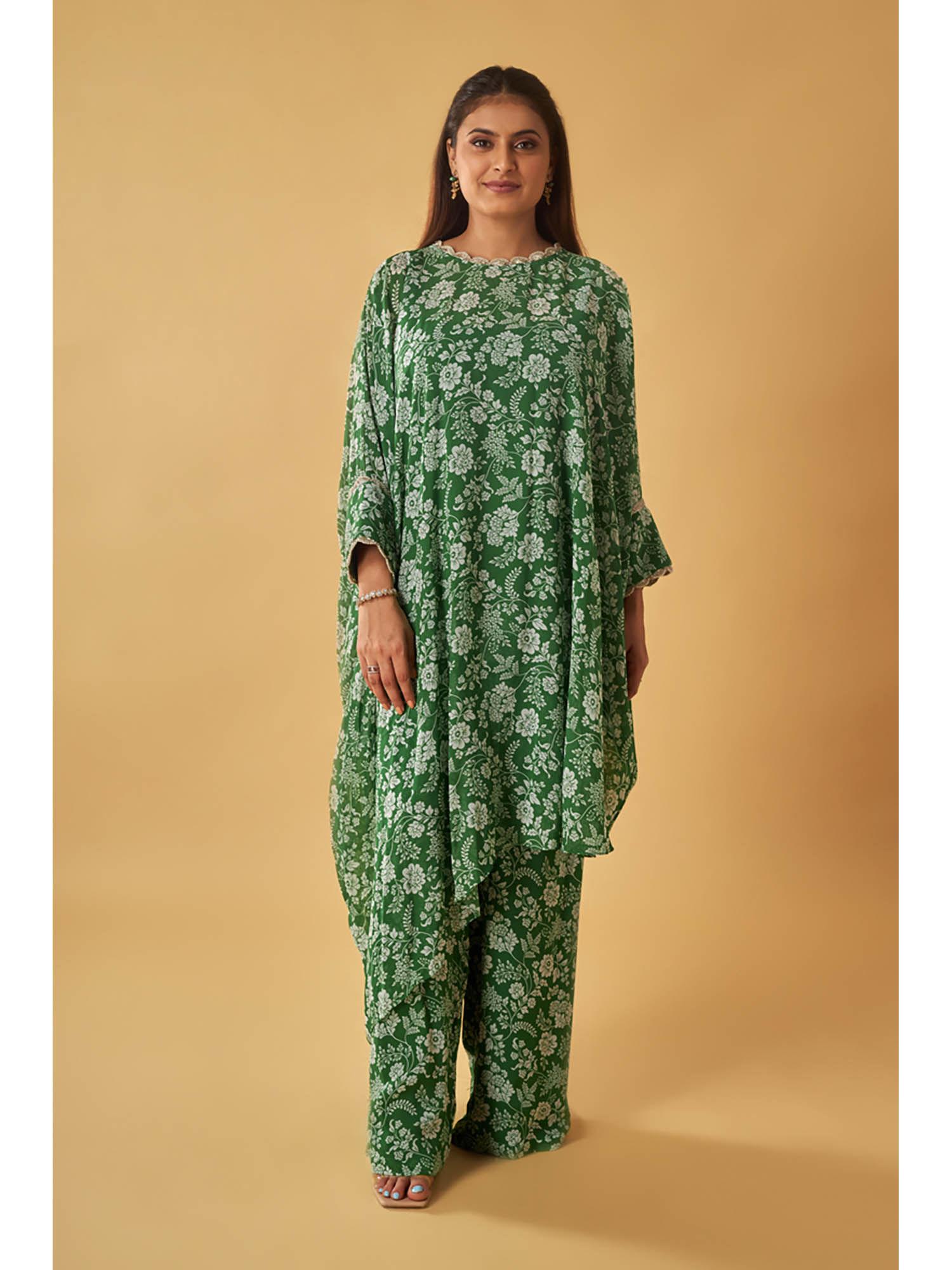 green georgette printed kaftan and pant with inner slip co-ord (set of 3)