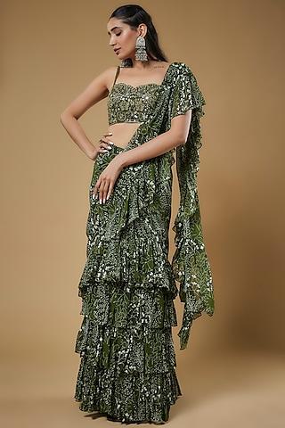 green georgette printed ruffled saree set