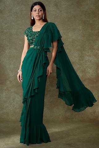 green georgette ruffled saree set