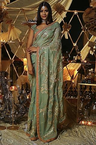 green georgette saree set