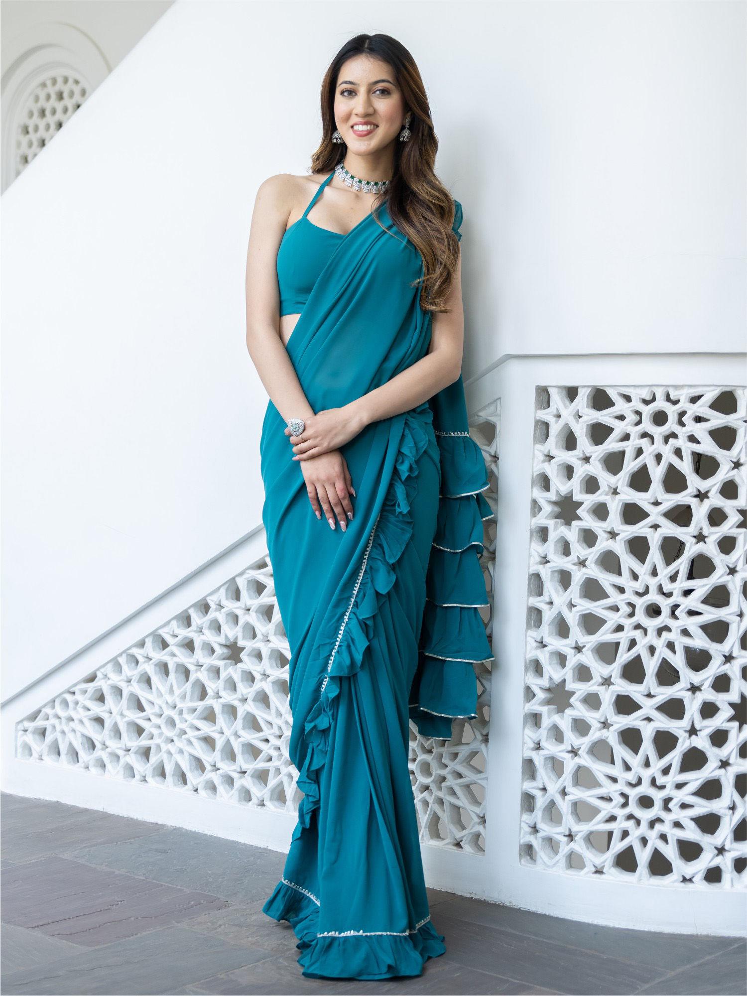 green georgette saree with stitched blouse